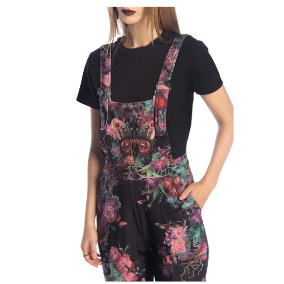 Black Milk Moody Floral Moth Print Long Overalls With Adjustable Straps Pockets - Picture 3 of 5